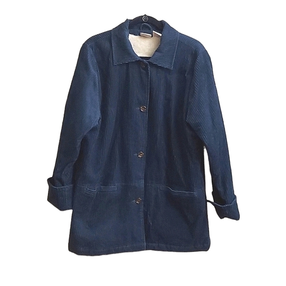 BLAIR Teal Blue Button Down Faux Fur Lined Corduroy Jacket M Warm Cozy Winter